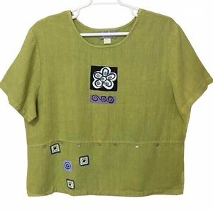 Cover Charge 100% Linen Art to Wear Top Green Floral Patch 3XL Granola Girl